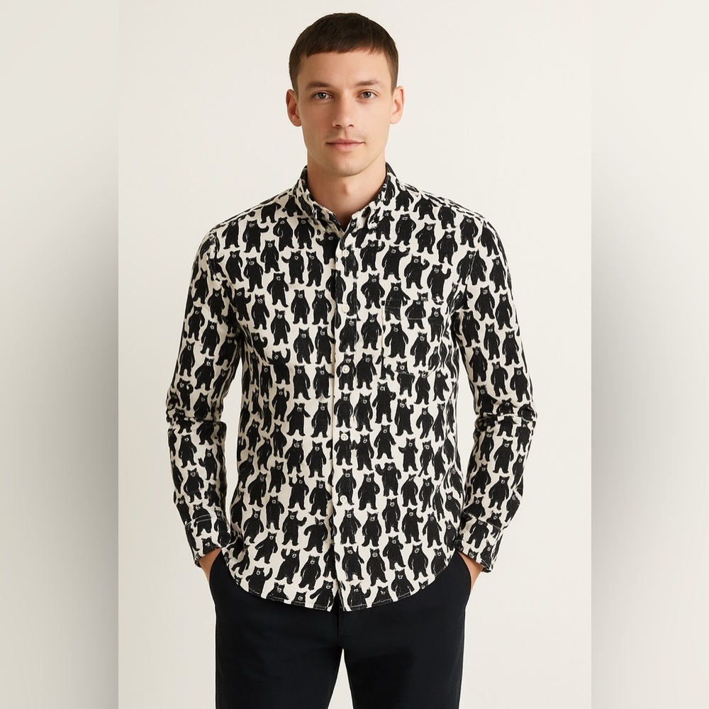 Ciao Indenture Made in Japan Bear Print Button Down Shirt Black White L - Picture 1 of 9